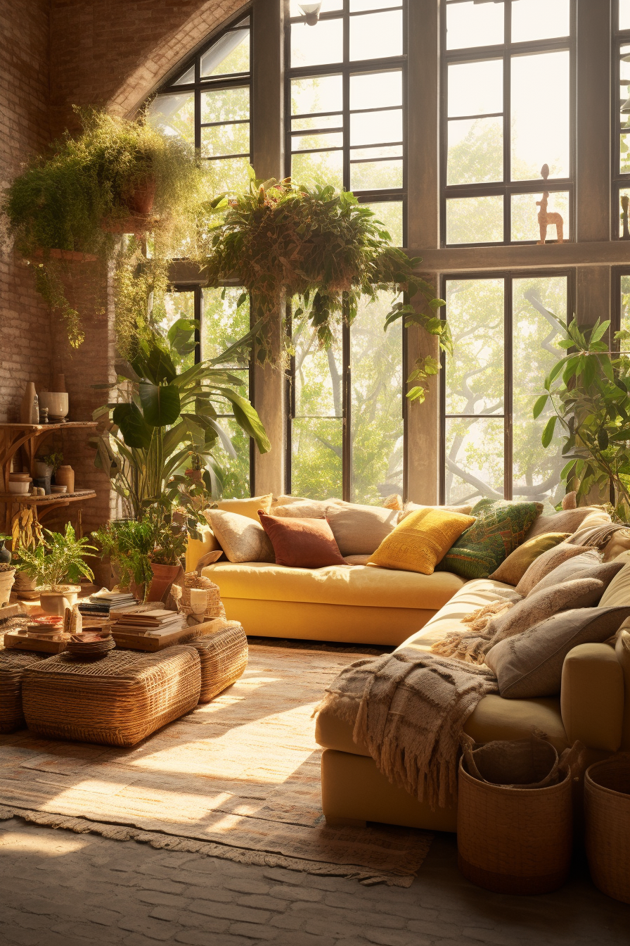 A bohemian-style living room adorned with vibrant yellow couches and lush green plants.