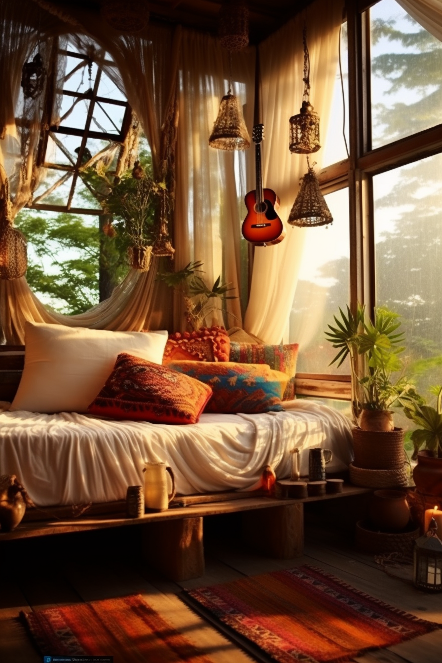 A bohemian-style room featuring a bed and a bedside table.