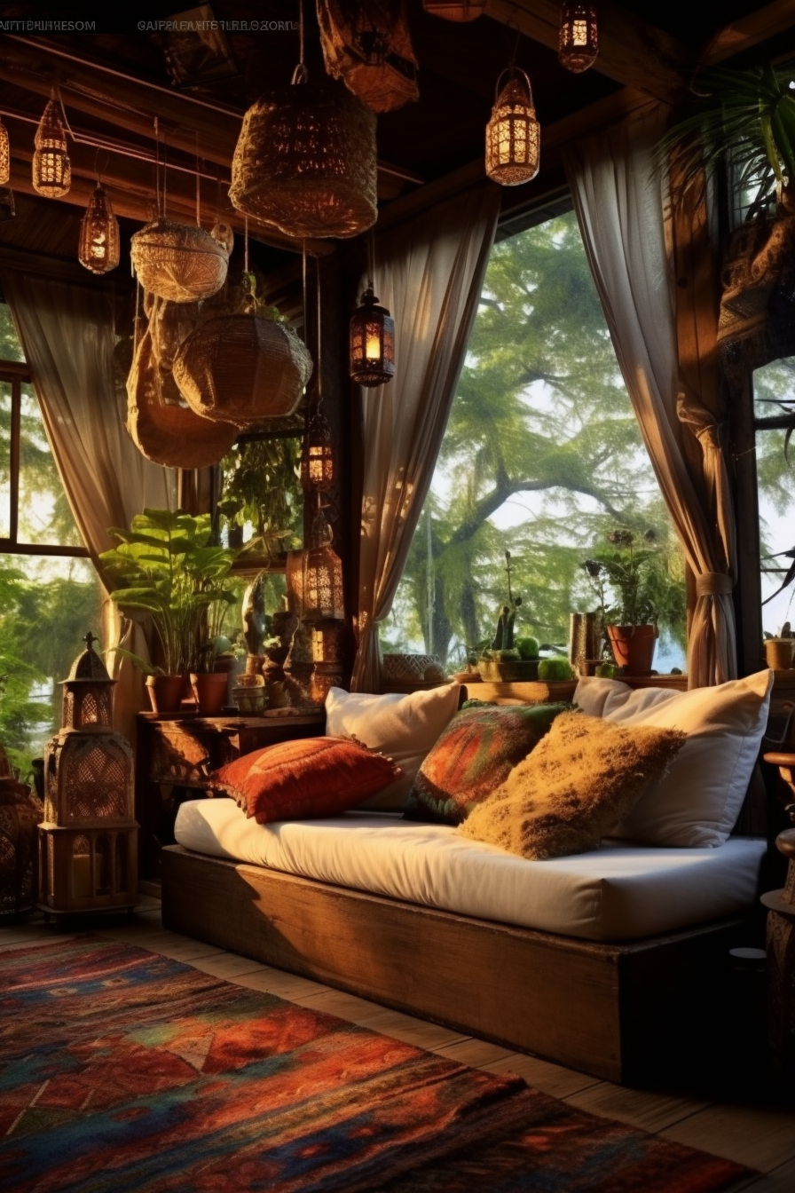 A Bohemian-style room with a cozy bed, colorful pillows, and a vibrant rug.