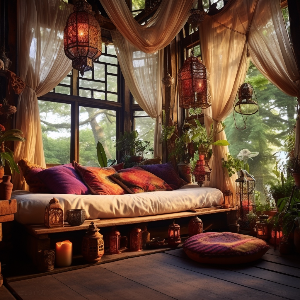 A room with a bohemian style bed and an abundance of pillows.