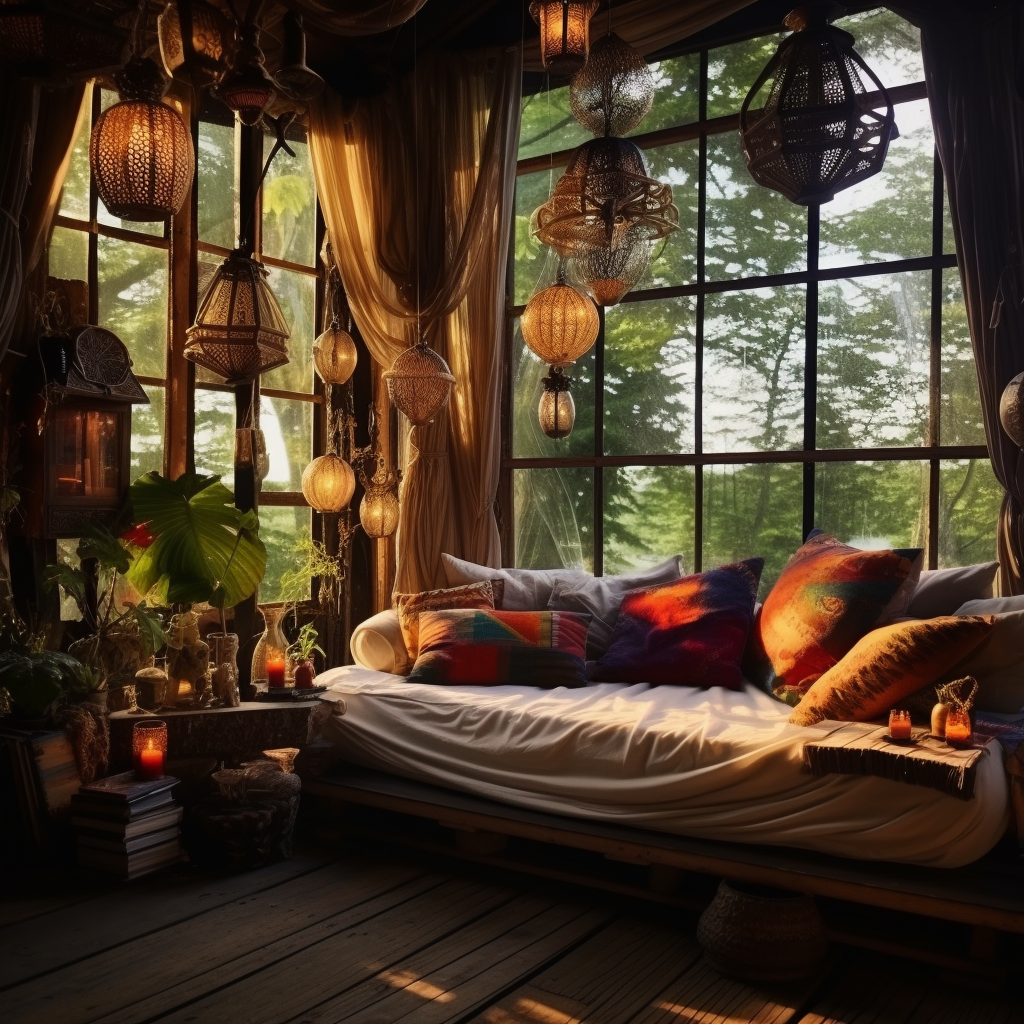 A bohemian style room with a bed in front of a window.