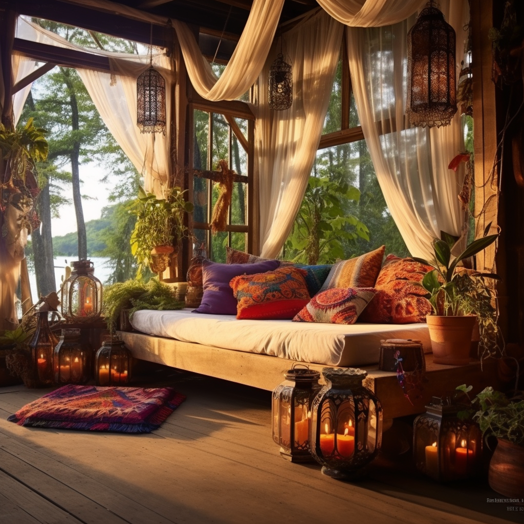 A bohemian style bed adorned with pillows and lanterns, gracefully placed on a charming porch.