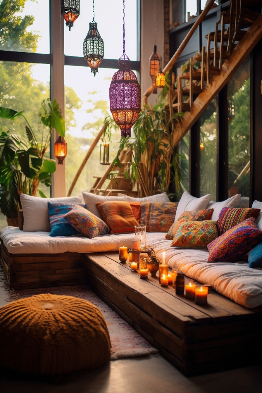 A bohemian-style living room filled with pillows and candles.