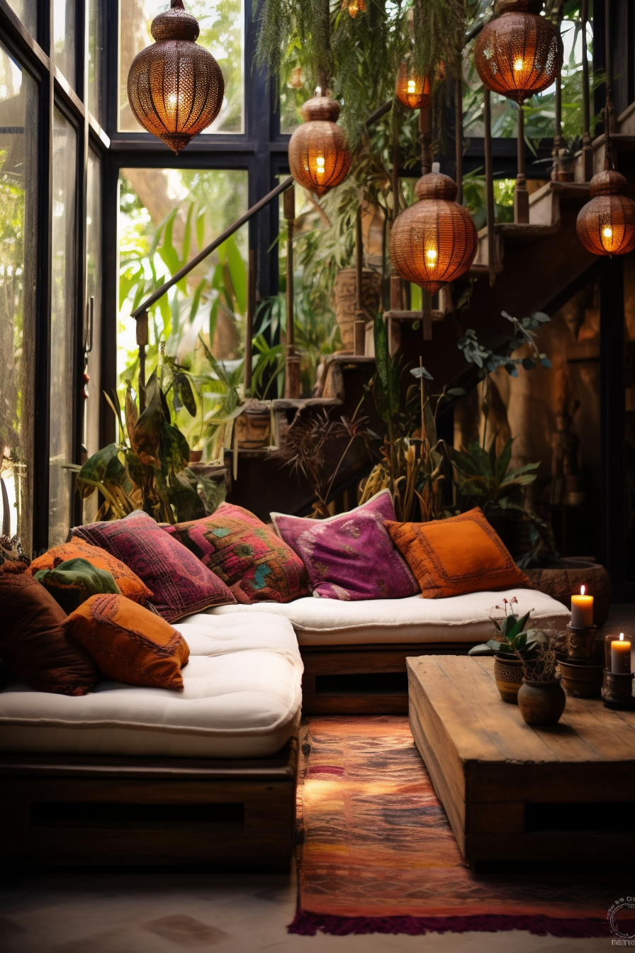 A bohemian style couch in a living room.