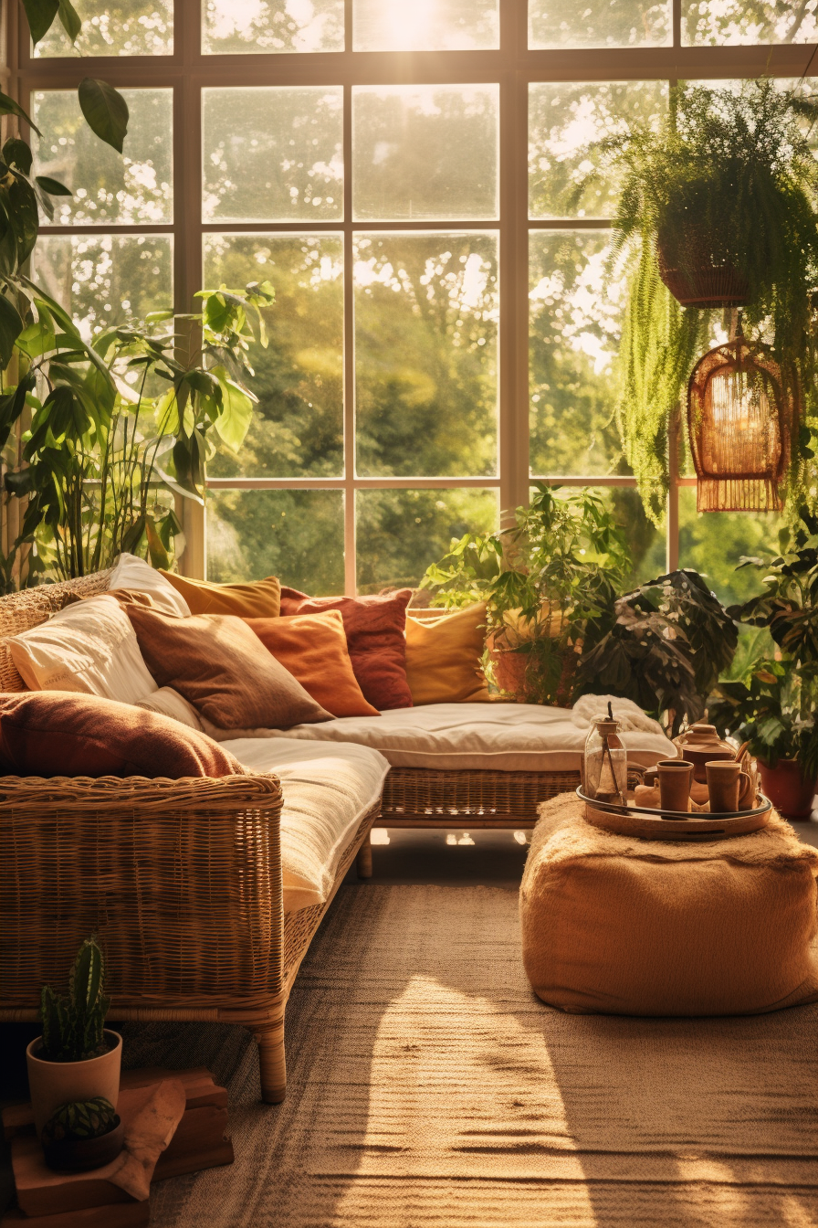 A Bohemian-style living room with plants and a couch.