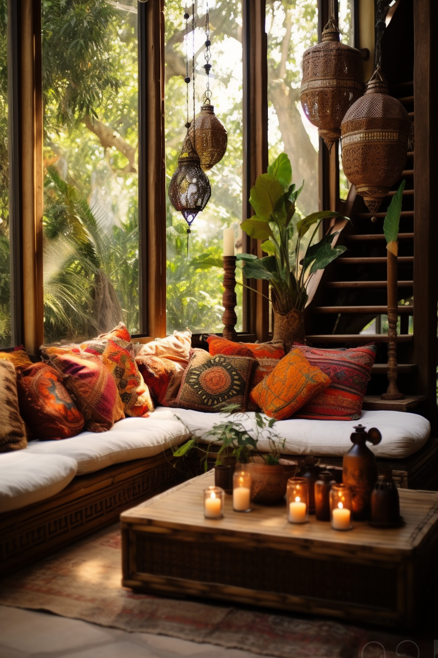 A bohemian-style living room with a couch and pillows.