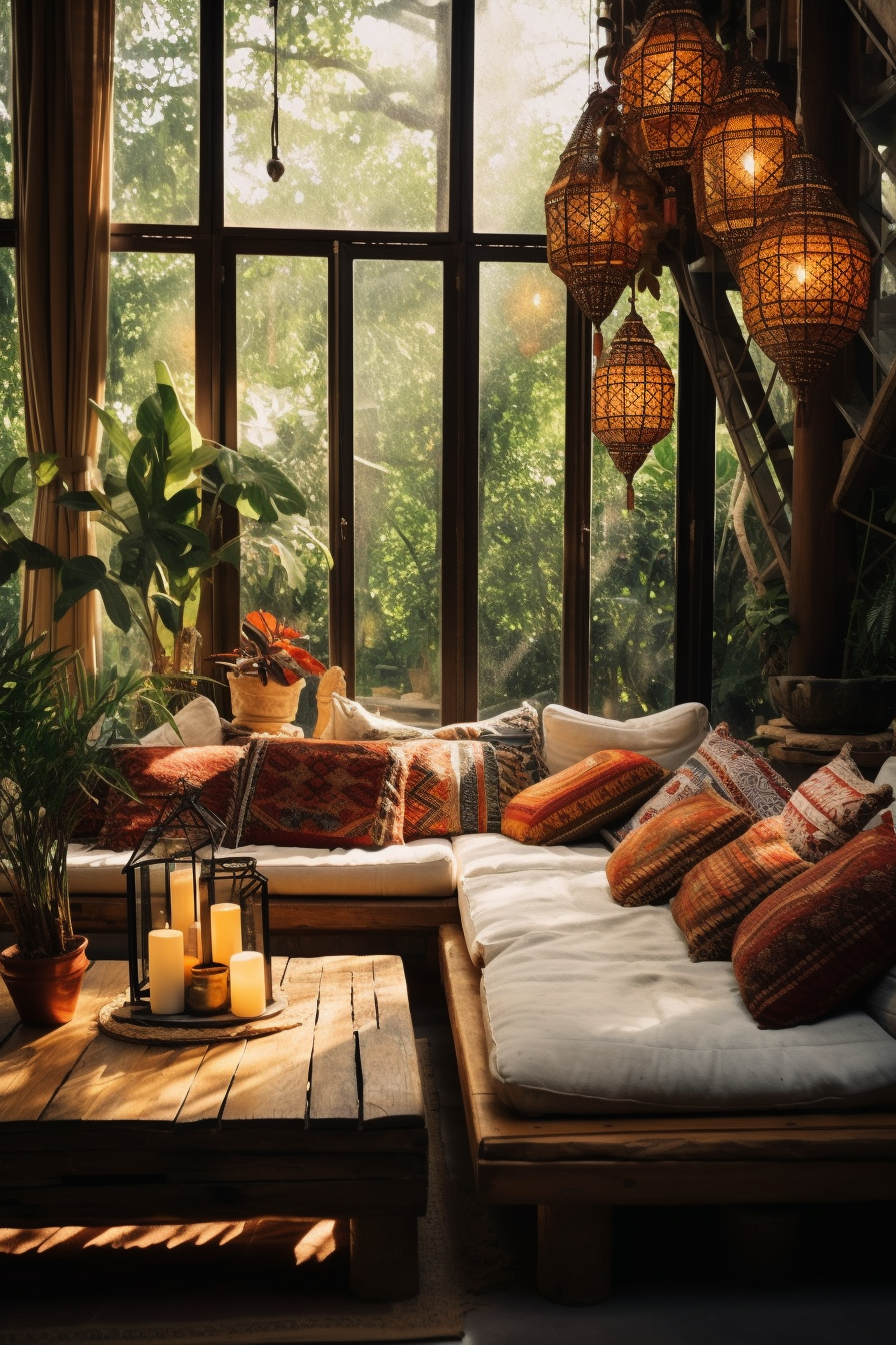 A bohemian-style living room with large windows and a couch.