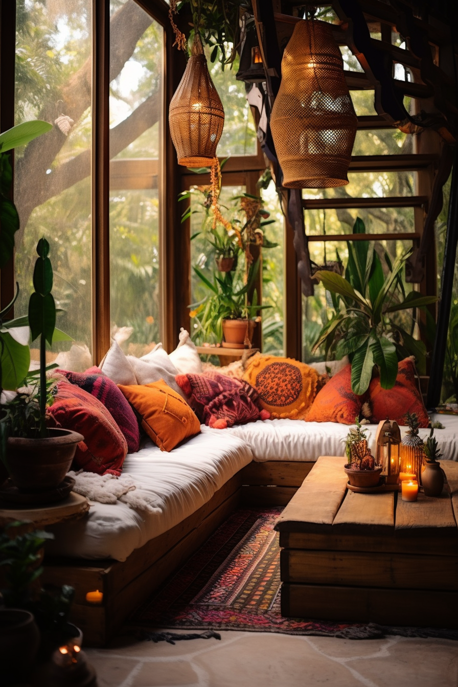 A bohemian style living room with lots of plants and a couch.