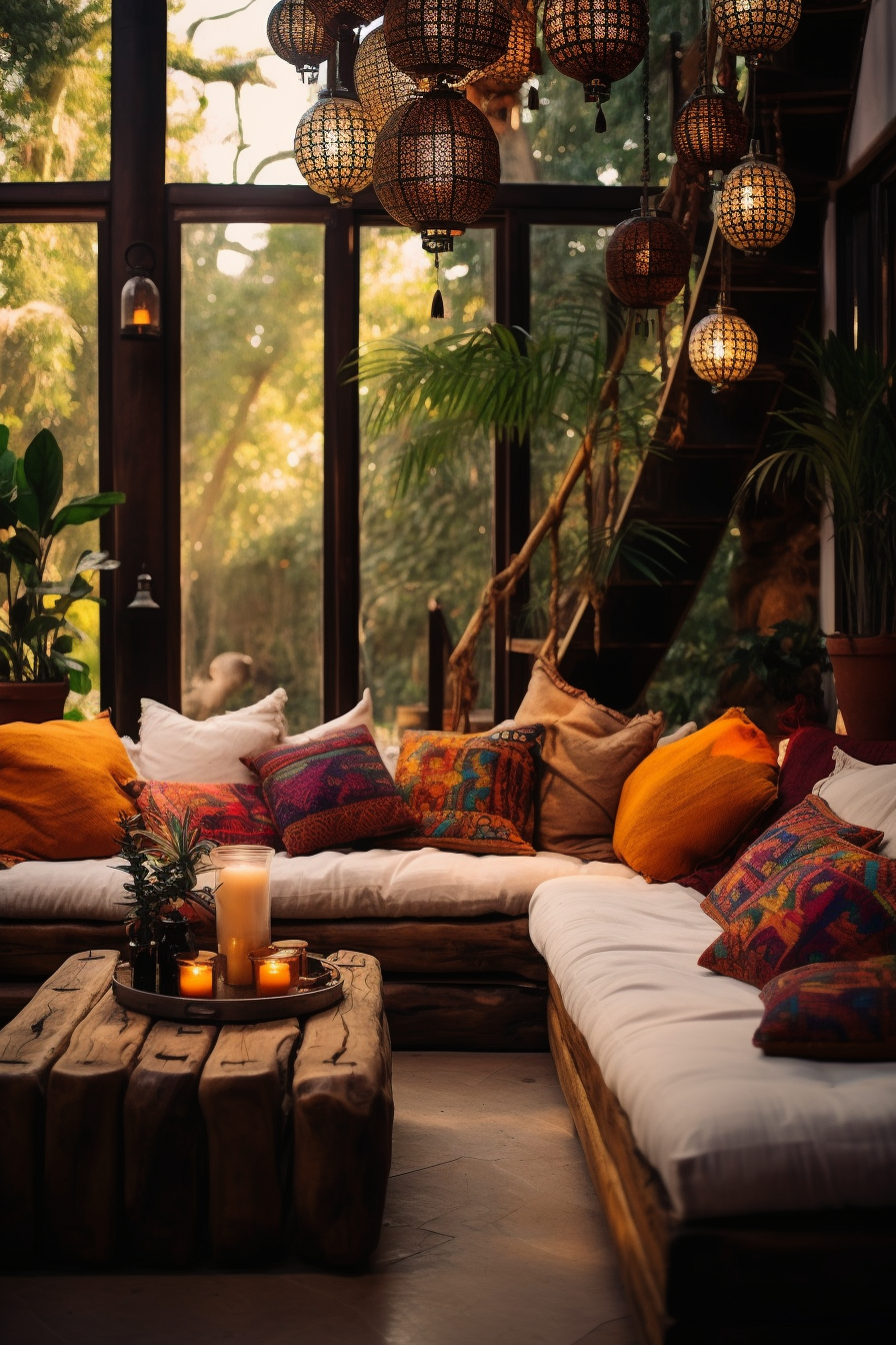 A Bohemian style living room with a couch and candles.