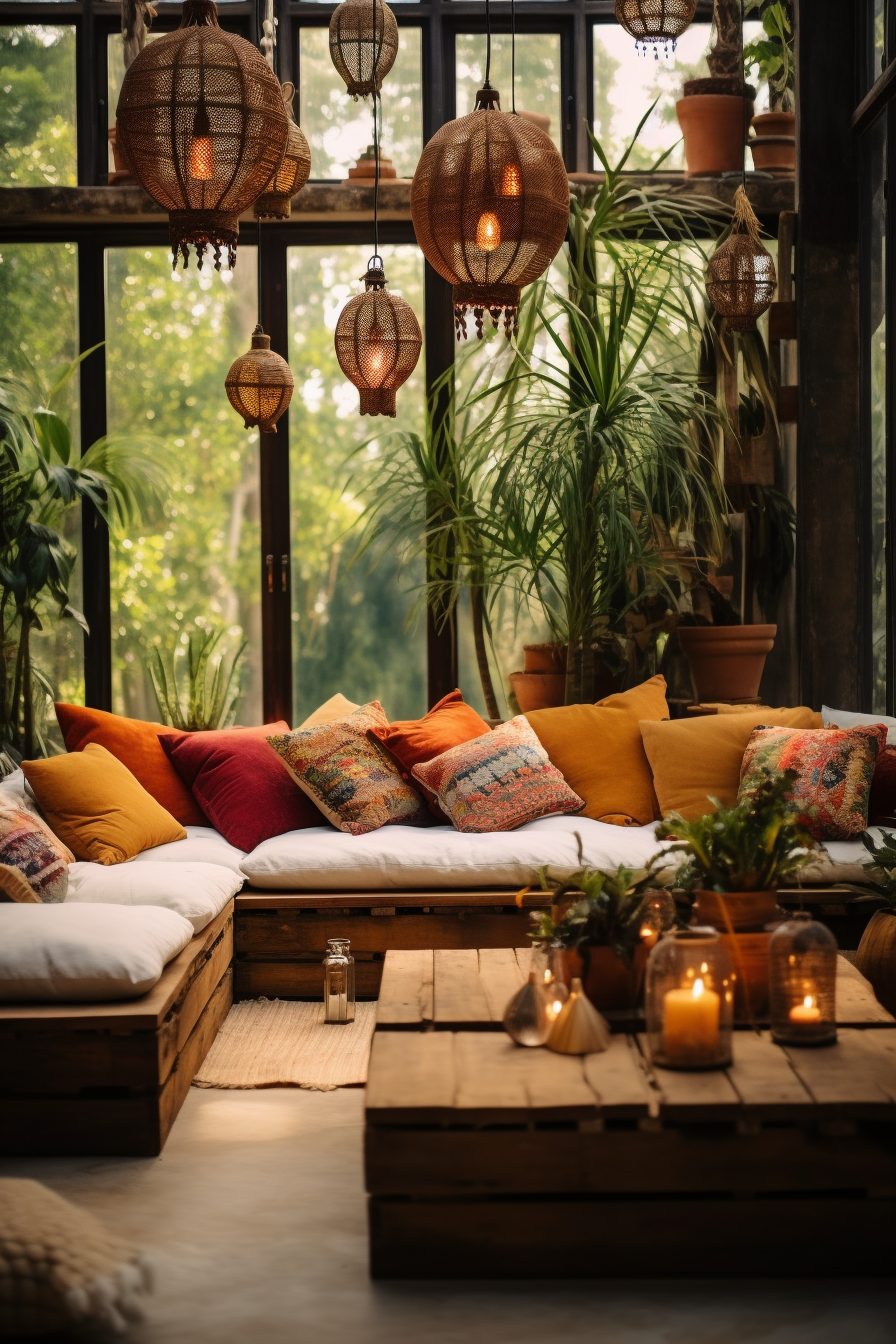 A bohemian-style living room adorned with cozy couches, vibrant pillows, and lush plants.