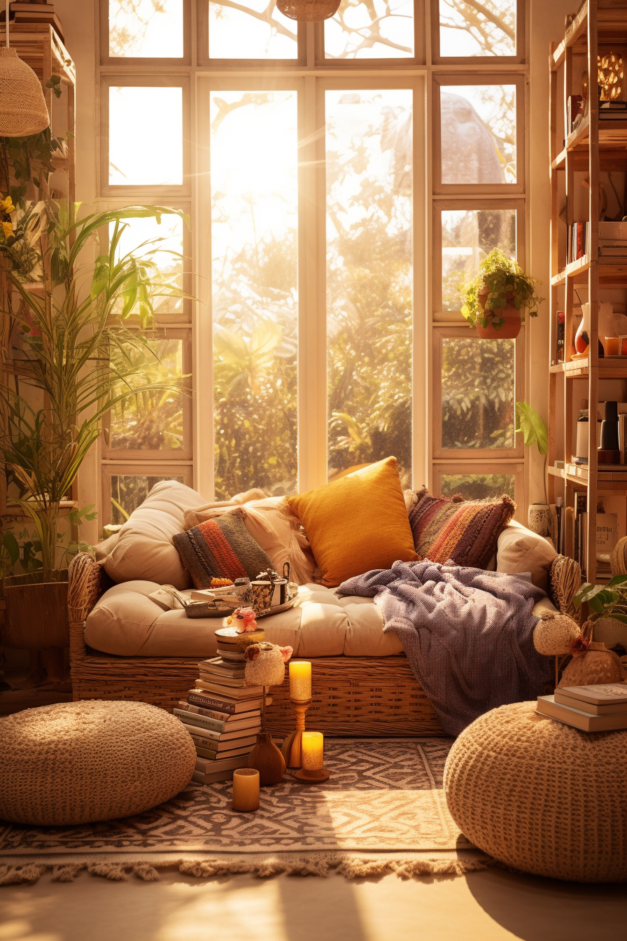 A bohemian-style wicker couch in a room with a window.