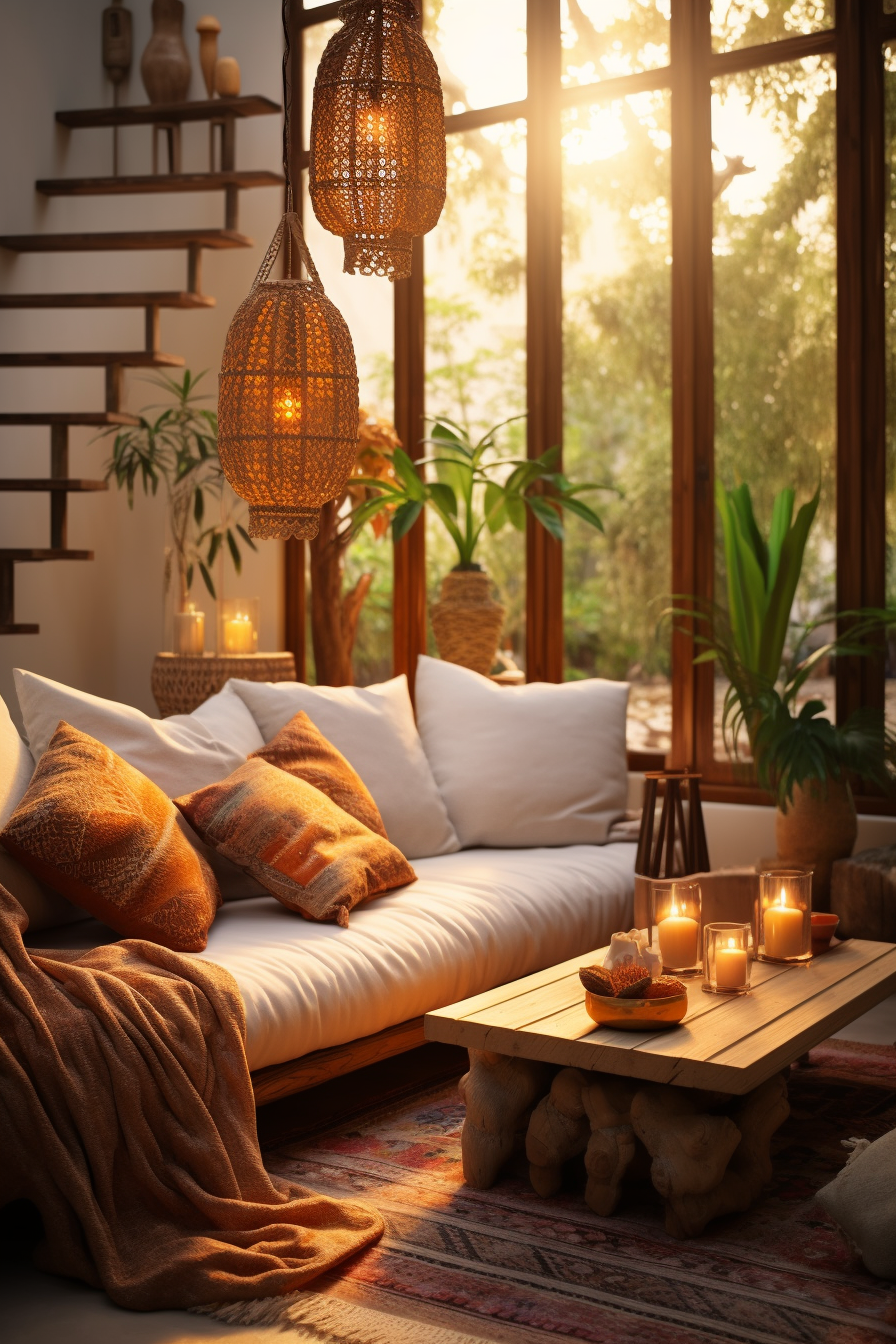 A bohemian-style living room with candles and a cozy couch.