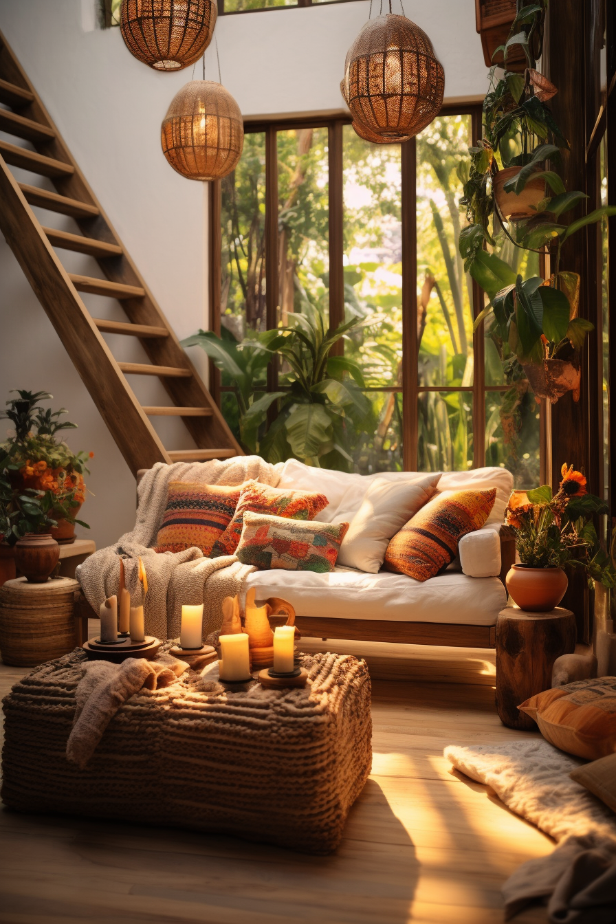 Bohemian living room with plants and a fireplace in a Bohemian style house.