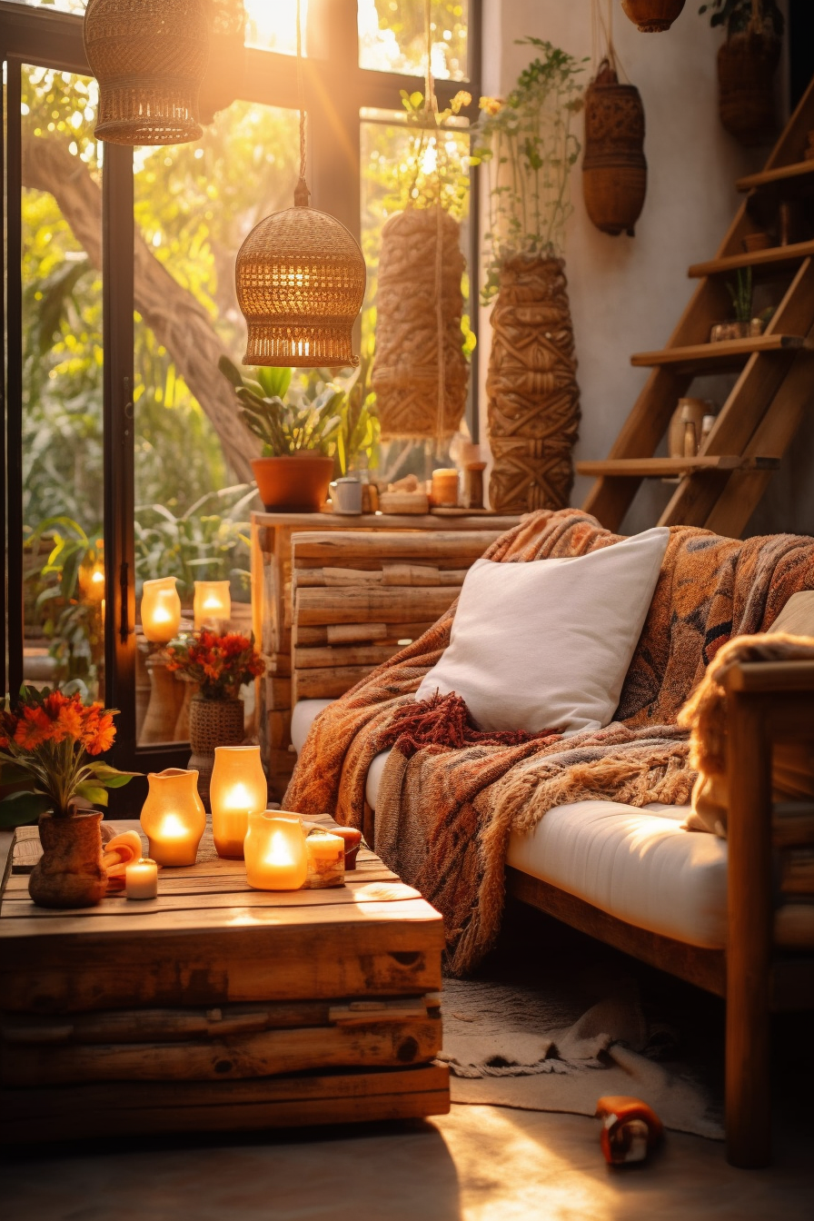 Bohemian living room with candles and plants in a Bohemian Style house.