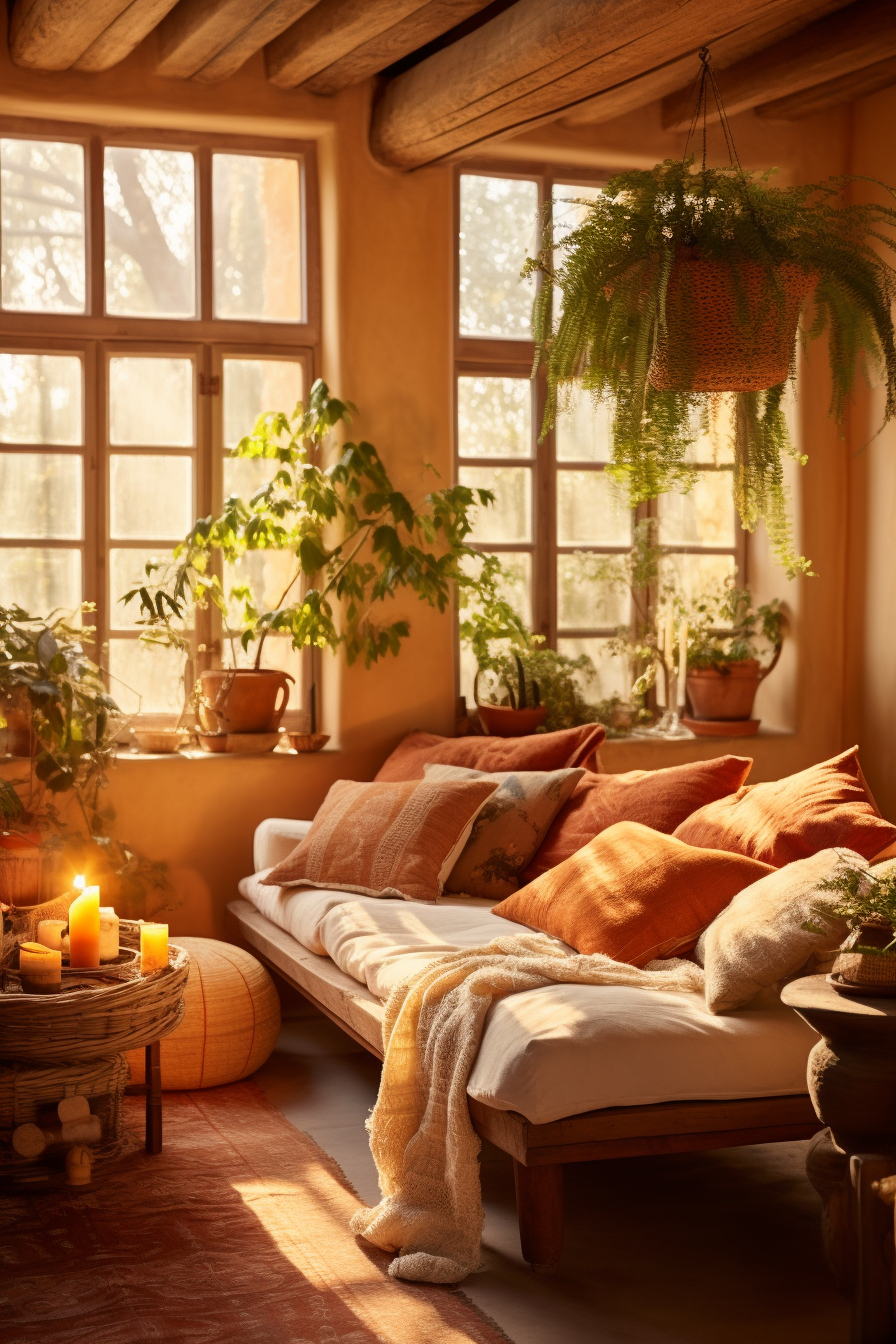 A bohemian-styled room adorned with a cozy couch and vibrant plants.