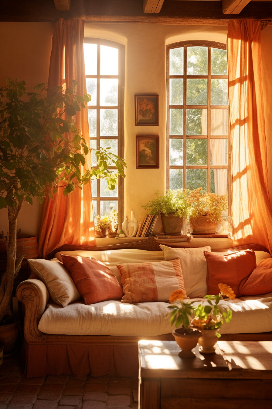 A bohemian-style couch with colorful pillows and a small tree in front of it.