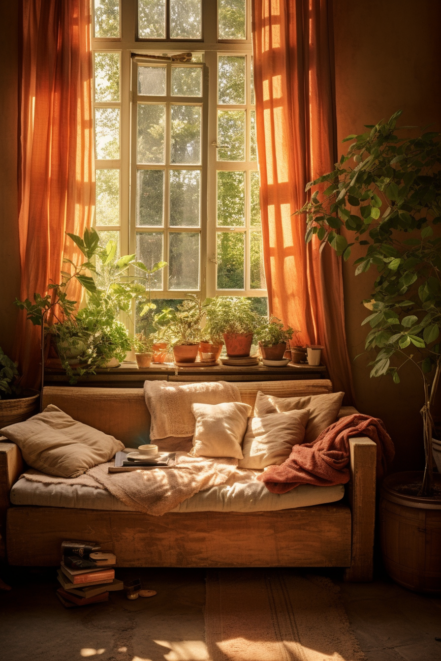 A bohemian-style couch in front of a window with orange curtains.