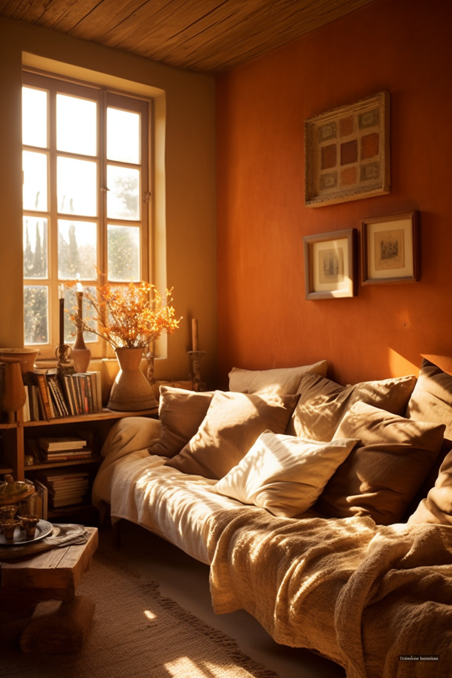 A couch in a room with bohemian style houses.