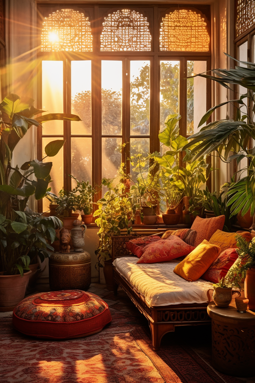 A bohemian-style room with a couch and plants in front of a window.
