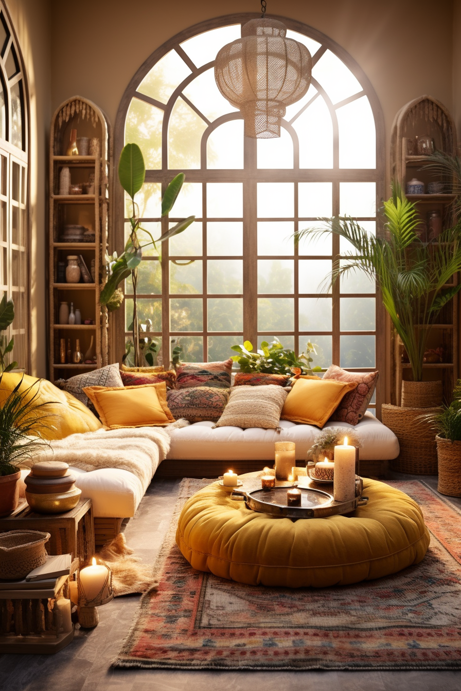A bohemian-style living room with a large window and a yellow couch.