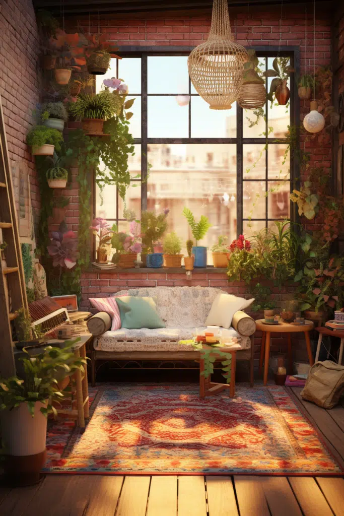 A bohemian-style living room adorned with an abundance of plants and a cozy couch.