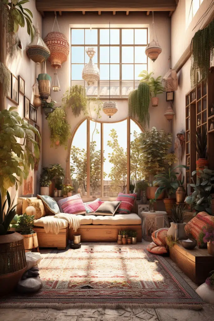 A bohemian-style room with a large window and plants.