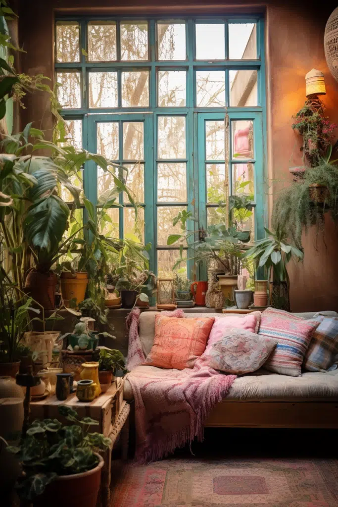 A bohemian-style living room filled with lush plants and a cozy couch.