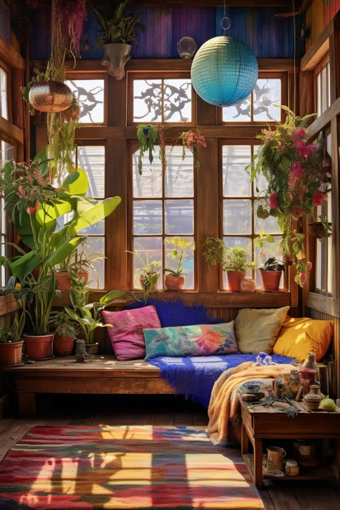 A bohemian-style sunroom with a colorful rug and potted plants.