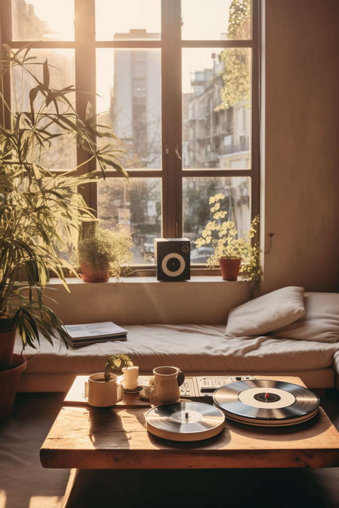 An apartment living room with a calm ambiance, featuring a comfortable couch and an embrace of nature with a plant placed in front of a window.