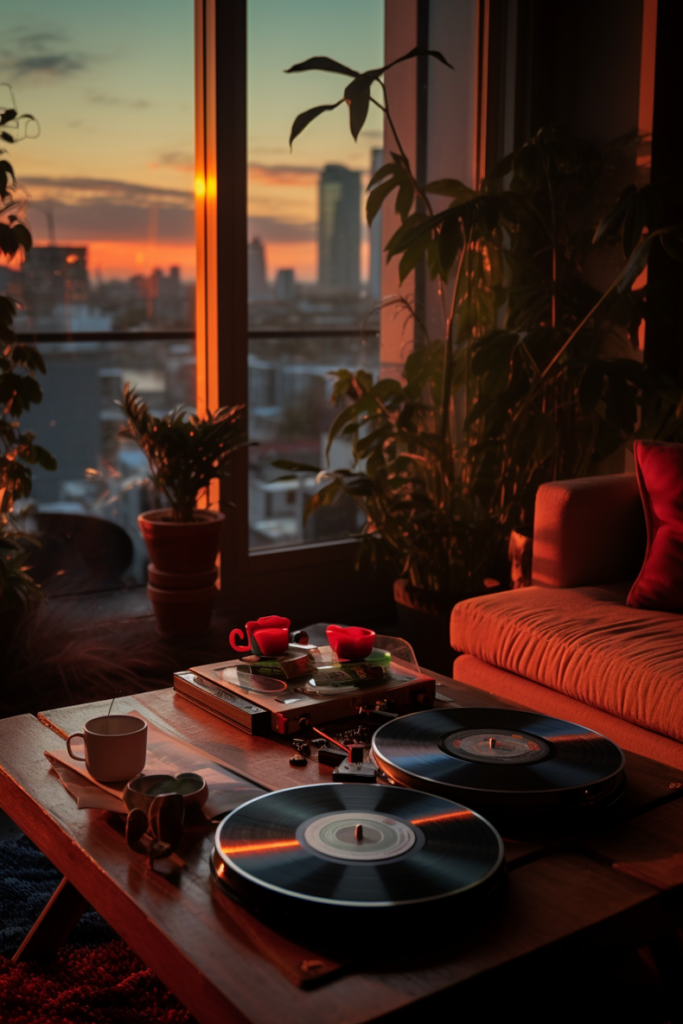 In a serene apartment, an embrace of calm is found on a table with a record player and a cup of coffee.