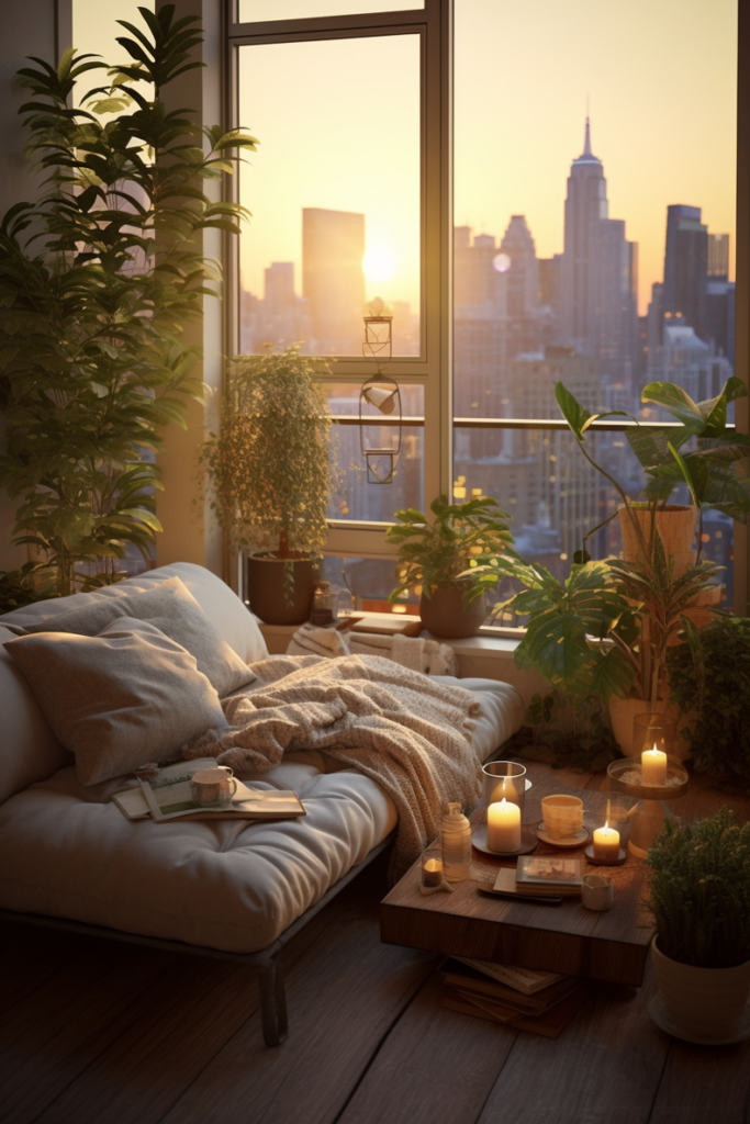 Embrace Calm in a Chill Apartment Vibes room with a view of a city featuring a white couch.