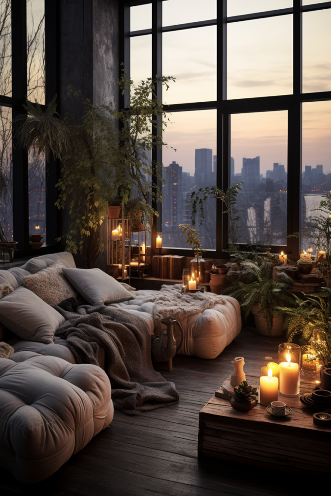 Embrace calm in a living room with candles and a view of the city, creating chill apartment vibes.