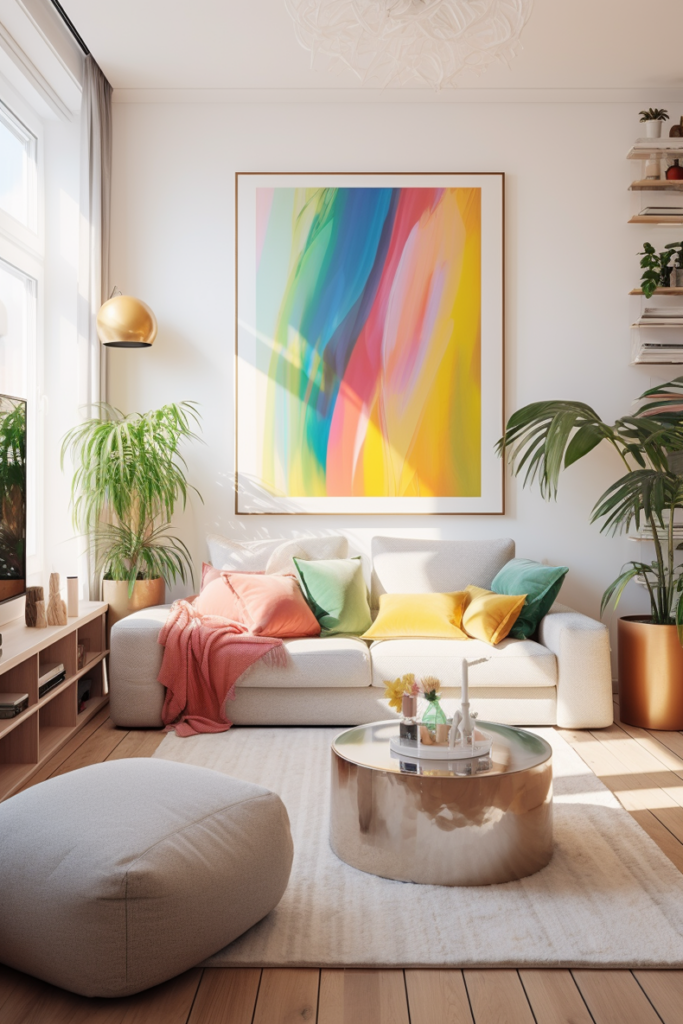 A calm living room in an apartment with a colorful painting on the wall, exuding vibrant vibes.