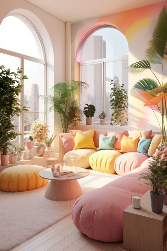 A living room with colorful pillows and plants, creating a calm atmosphere with apartment vibes.