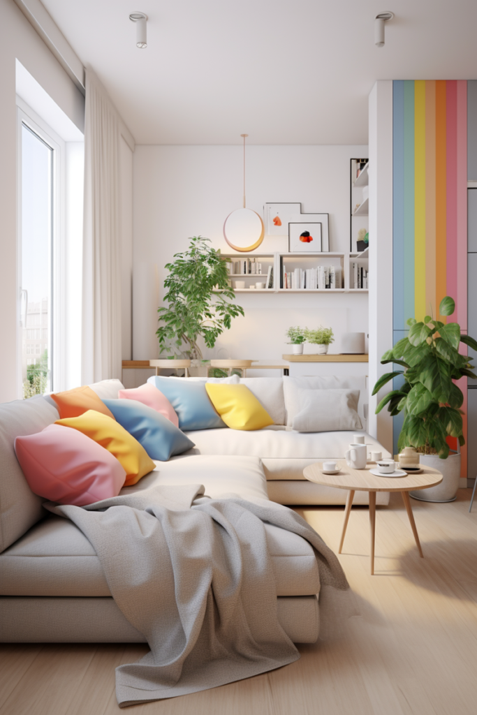 A living room with a white couch and colorful pillows that exudes chill apartment vibes.