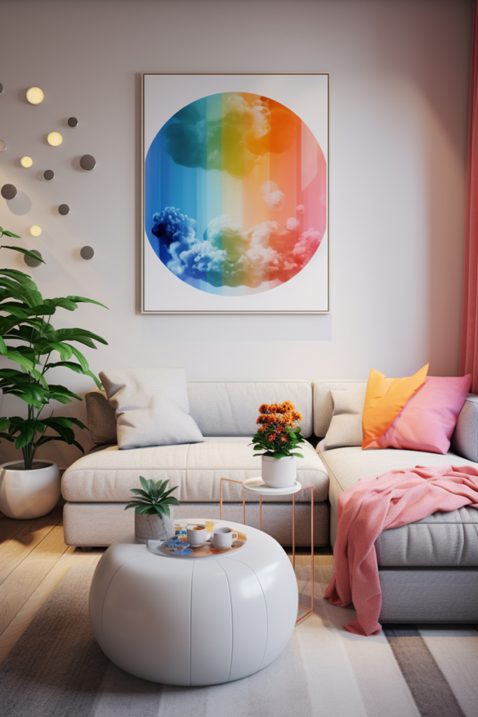 A calm living room in an apartment with a colorful painting on the wall, emanating vibrant vibes.