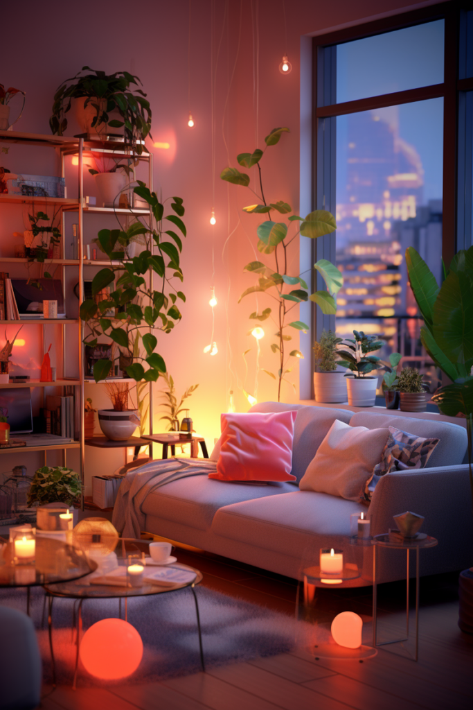 Embrace calm in a living room with chill apartment vibes featuring a cozy couch.