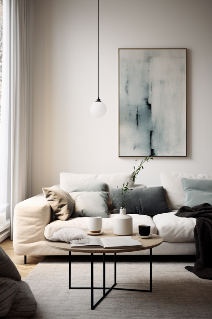 Embrace the calm in this living room adorned with a white couch, perfect for creating chill apartment vibes. Complete the space with a coffee table to enhance relaxation and tranquility.