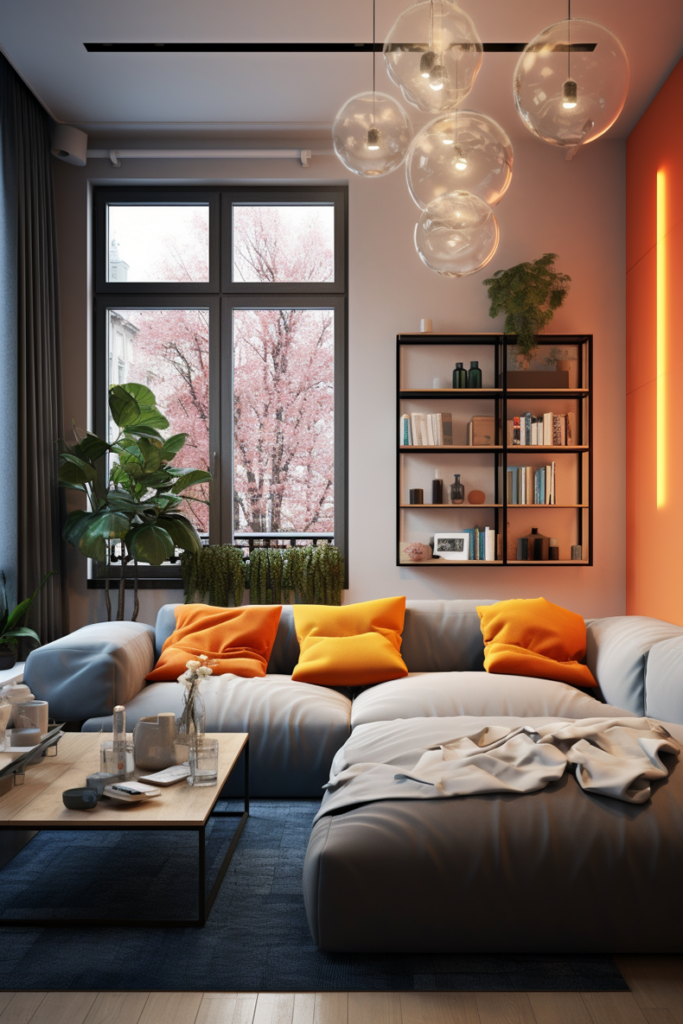 An apartment living room with orange walls embracing a calm ambiance, complemented by a sleek grey couch.