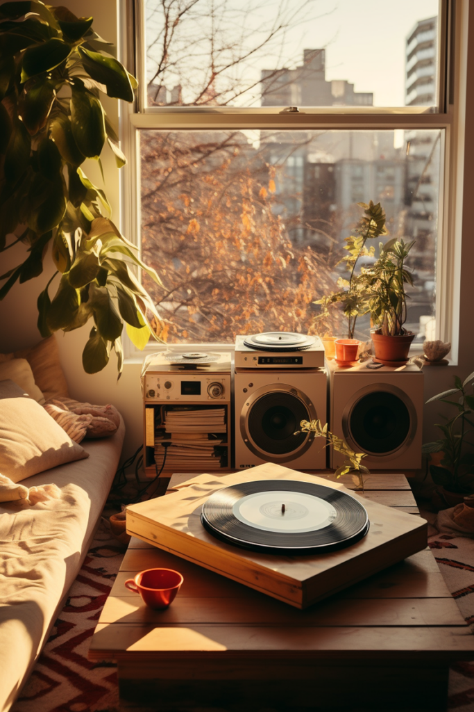 Embrace the chill apartment vibes with a table adorned with a record player.