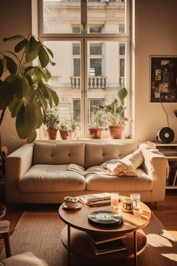 Embrace the chill apartment vibes of this living room, complete with a cozy couch and a coffee table.