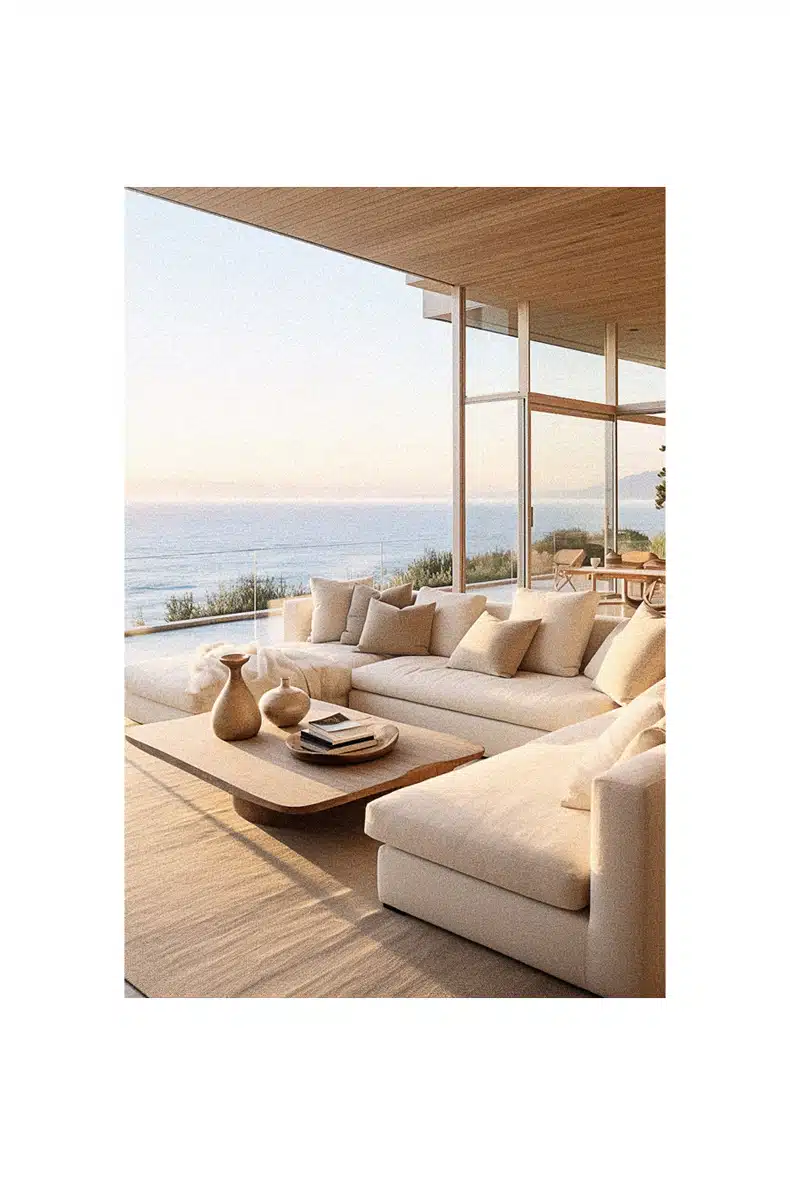 Coastal-inspired living room with ocean view.