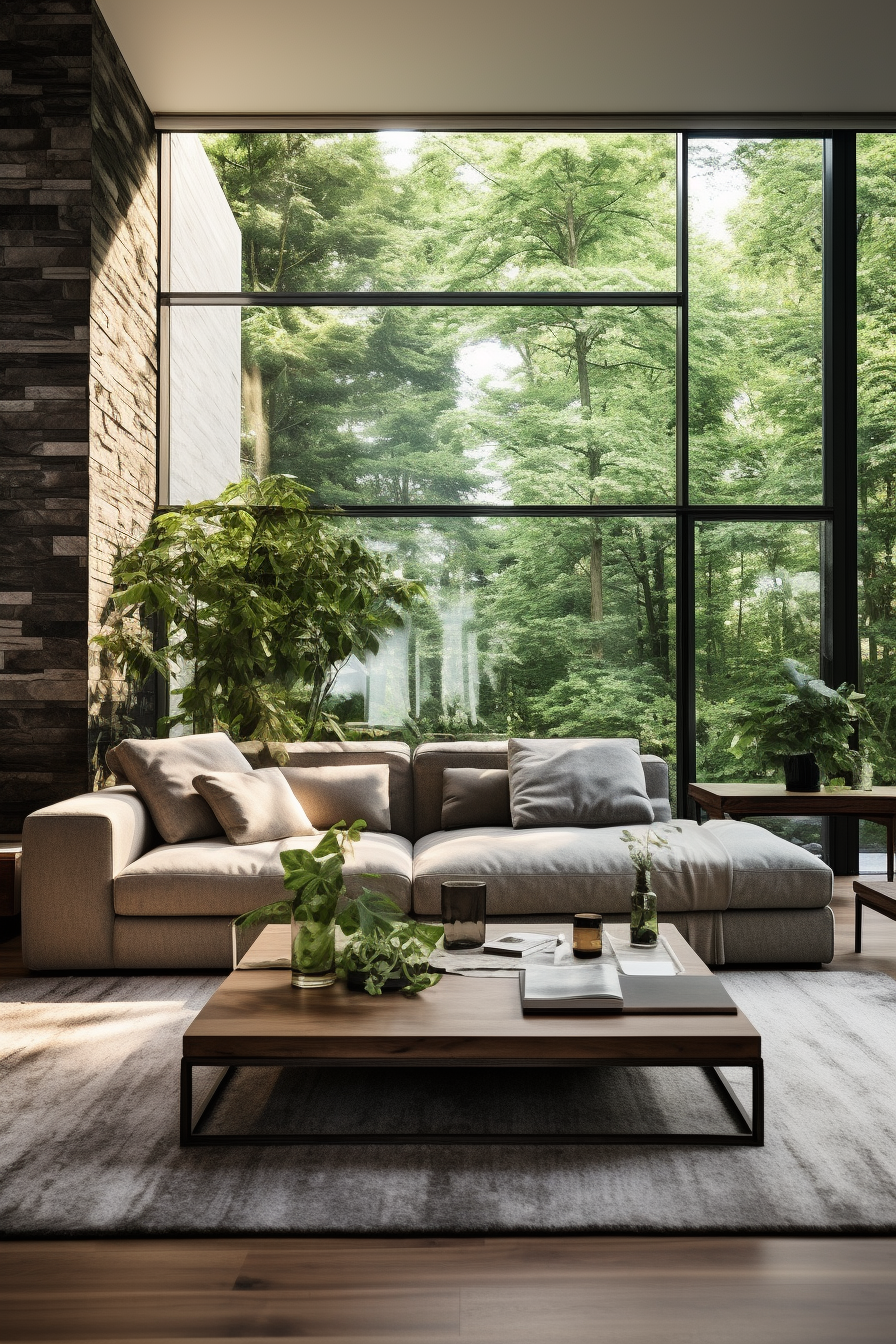A cozy living room with large windows overlooking a wooded area.