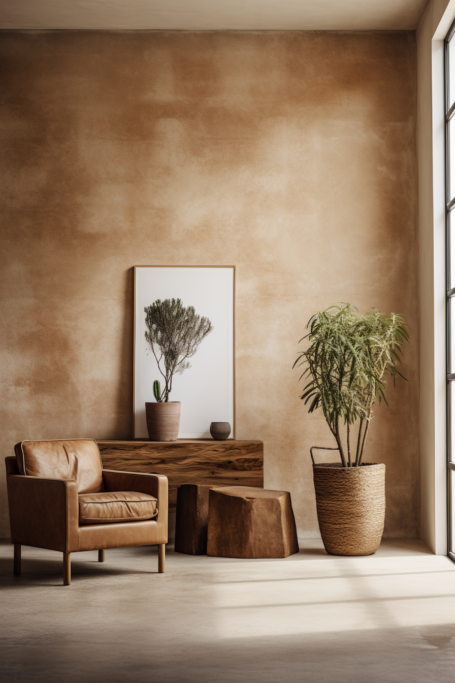 A cozy living room with earthy brown walls and a plant in front of a window.
