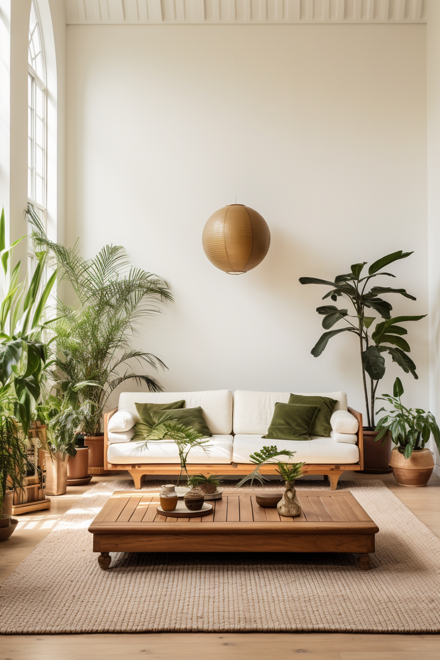 A cozy living room with lots of plants and a sofa.