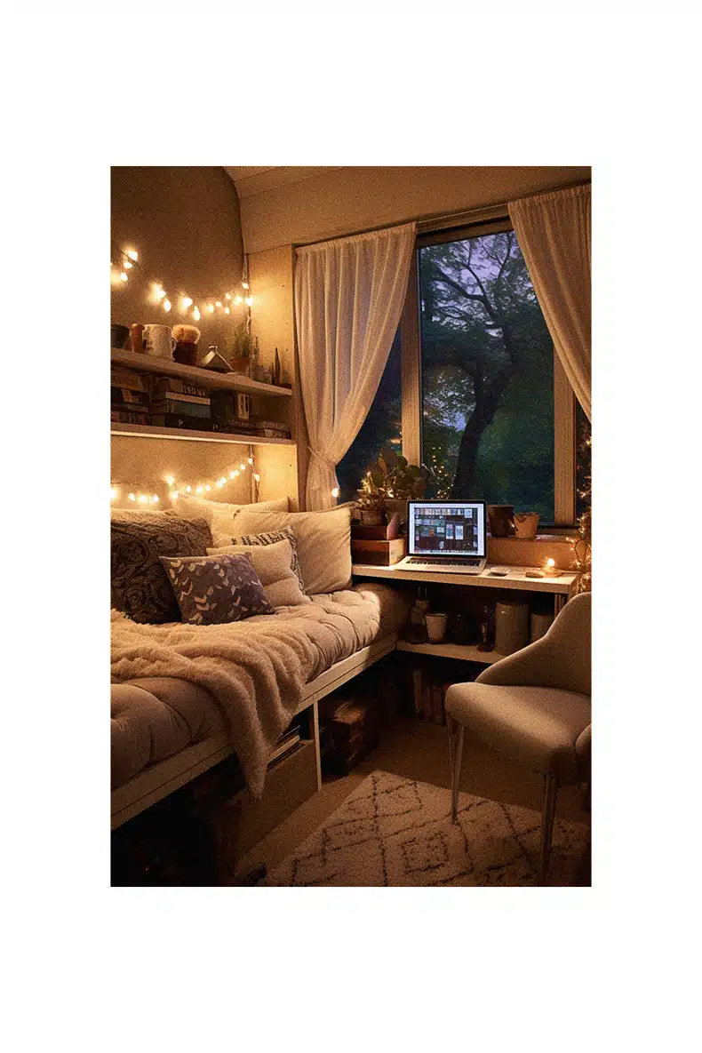 A cozy college dorm with a bed and a laptop.