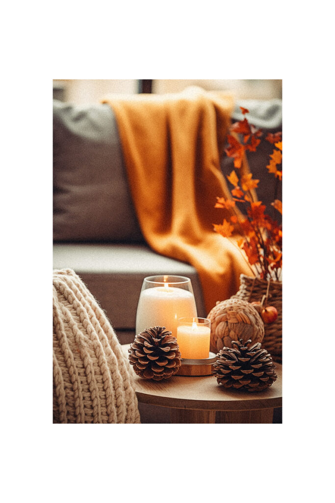 Fall decor: A living room with candles and pine cones on a table.