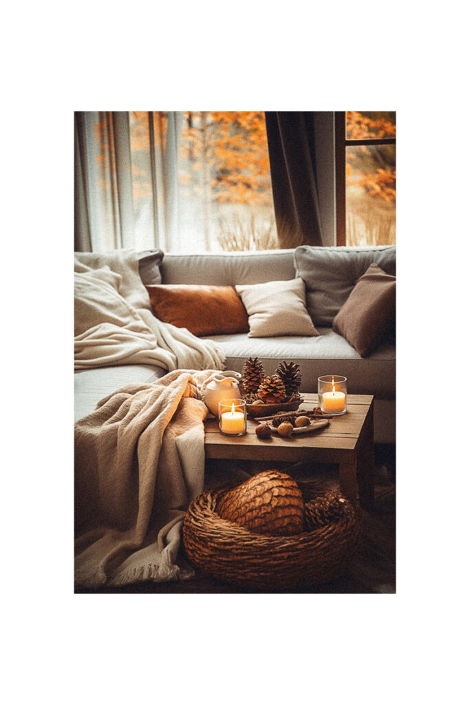 Fall decor ideas for a cozy living room with a couch, pillows, and candles.