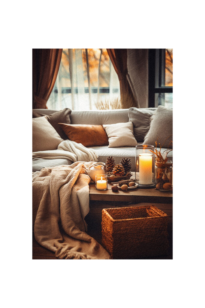 Fall decor ideas for the home featuring a cozy couch with blankets and candles by a window.