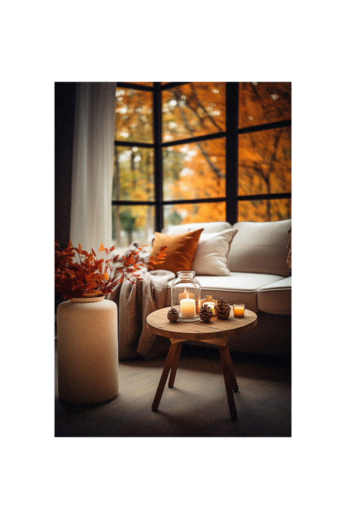 A cozy living room with fall decor ideas and candles illuminating in front of a window.